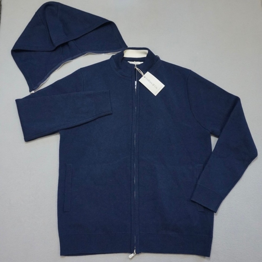 COLLARS & CO Napoli Signature Hooded Wool Cashmere Sweater Mens M Navy Removable - Picture 7 of 13
